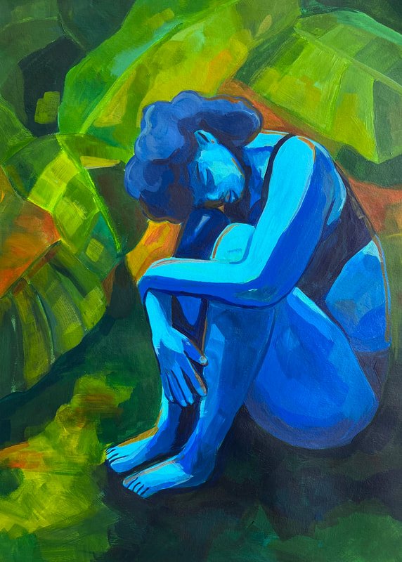 Comfort Figure — blue-toned seated figure among green leaves