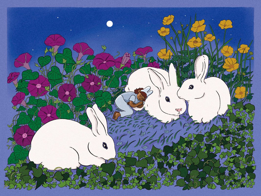 midnight hour — rabbits and morning glories under a night sky