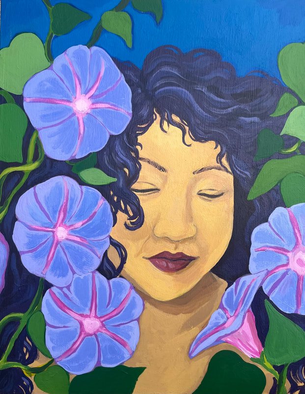 Portrait among blue morning glories