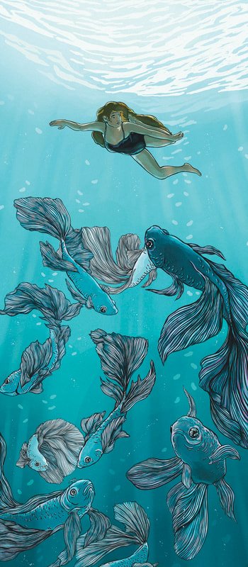 Rest — swimmer above flowing betta fish, Manifest exhibition poster