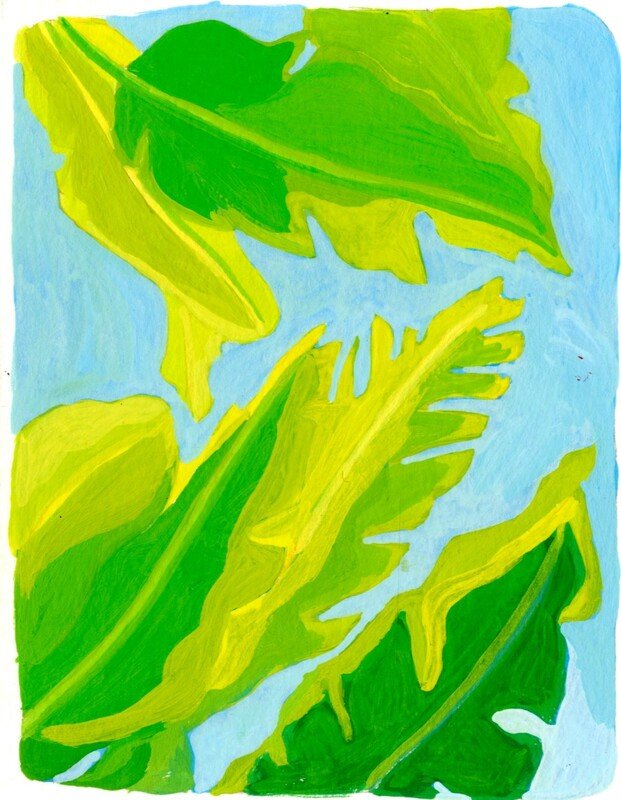 Gouache study of tropical leaves on a sky-blue ground