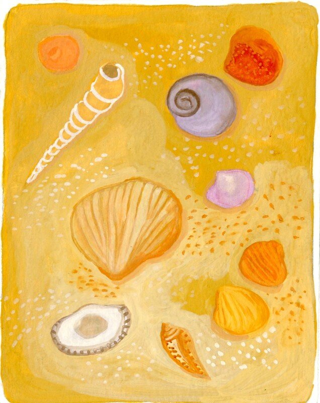 Gouache study of seashells on golden sand